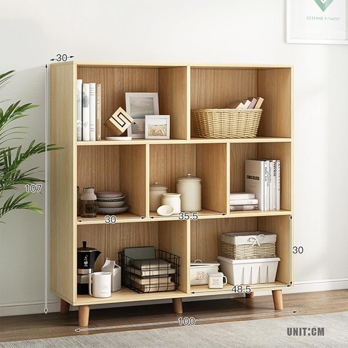 IOTXY Open Cube Low Bookcase - 3-Tier Freestanding Storage Display Cabinet Organizer with Legs for Home Office, 7-Cubes Open Shelf Short Bookshelf, Oak