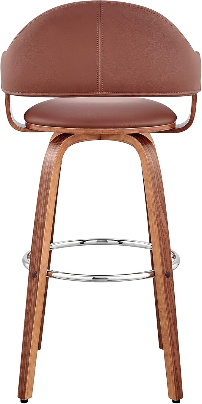 Armen Living Daxton Mid Century Modern Swivel Bar Stool for Kitchen Island Counter in Brown Faux Leather and Walnut Wood, 26" Seat Height