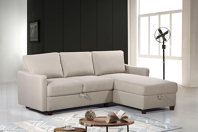Container Furniture Direct Sectional Sofa with Storage – Modern Upholstered Living Room Couch, Reversible Chaise for Home, Apartment, Office, 81.9” L, Beige