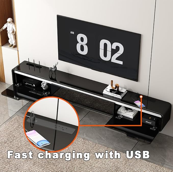 CENOVE High Gloss Floating TV Stand with 3 Doors,70.8'' Wall Mounted TV Cabinet,Under TV Console,Floating Media Shelft for Bedroom Living Room(Black