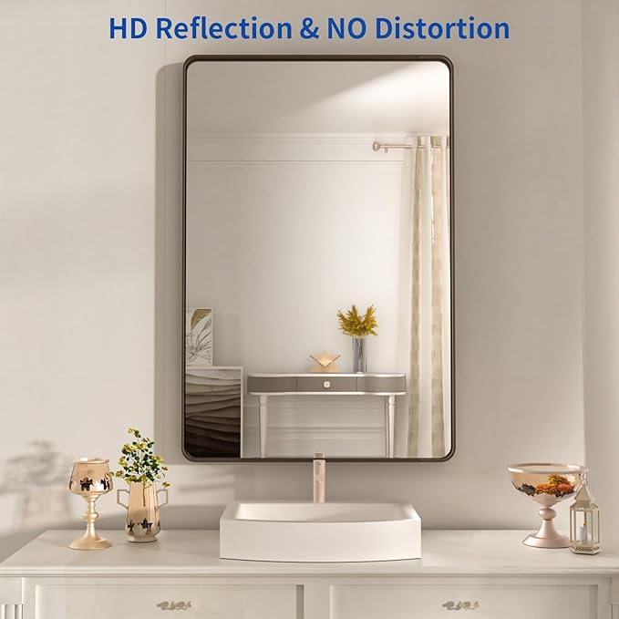 WEER 22x30 Inch Bronze Bathroom Mirror for Vanity, Brushed Bronze Metal Frame Rounded Rectangle Mirror with Tempered Glass, Anti-Rust (Horizontal/Vertical)