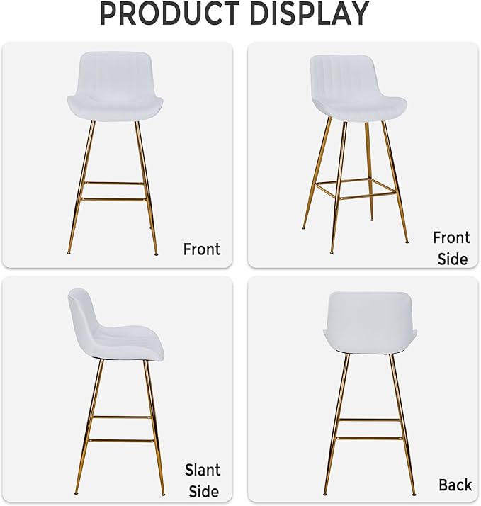 Sidanli Velvet Bar Stools with Gold Legs, Set of 2 Counter Height Stools for Kitchen Island, 29 Inch Modern Barstools with Swivel Leveling Feet, White