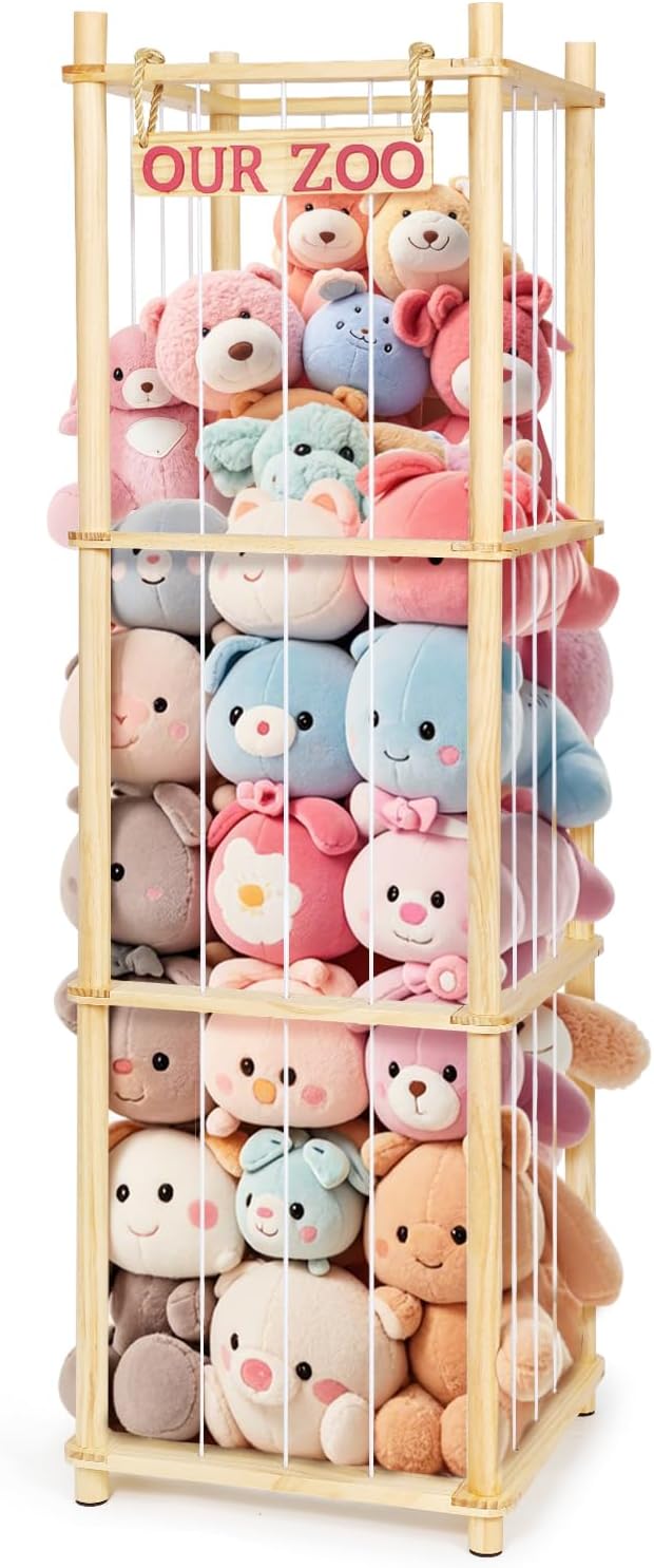 Stuffed Animal Storage - Tall Natural Pine Wood Toy Organizer with Elastic Cords & Shelf, Space-Saving Plushie Playhouse for Nursery, Playroom, Kids Bedroom - Easy Assembly