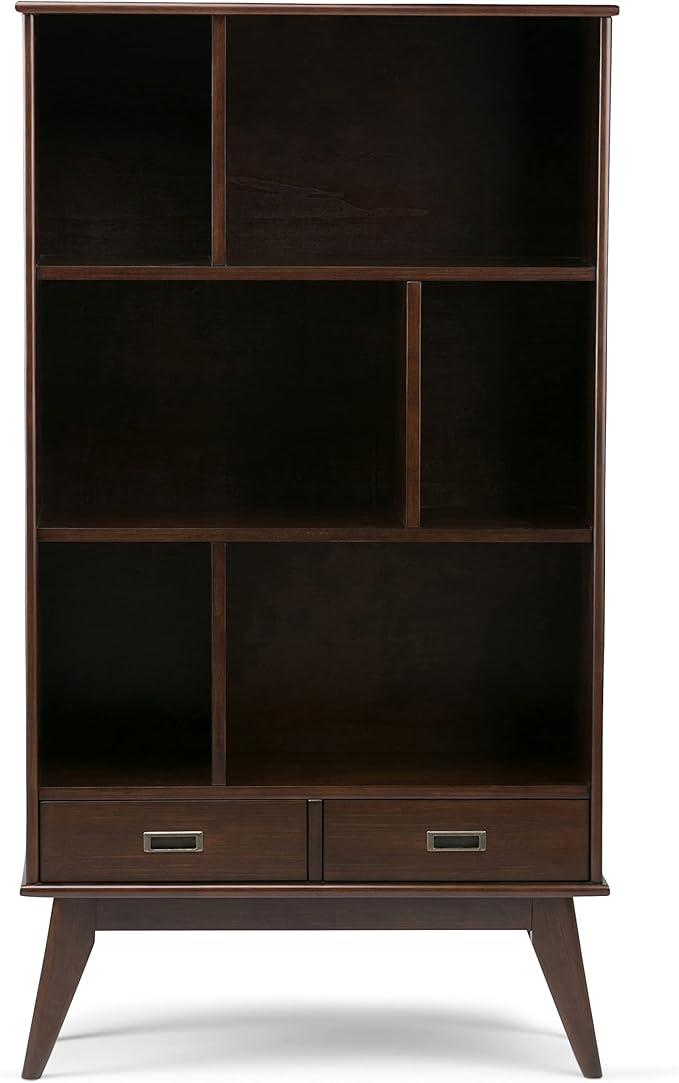 SIMPLIHOME Draper Bookcase - 64 inch Tall Solid Hardwood Wide Storage Bookshelf in Medium Auburn Brown, Mid-Century Modern Storage for Living Room or Office with Adjustable Shelves and Tapered Legs