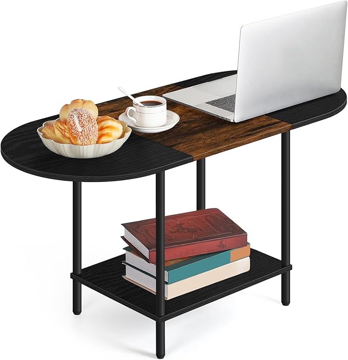 Small Round Coffee Table, 2-Tier Oval Center Table with Storage and Open Shelving, Minimalist Display Center Table for Living Room, Small Space, Home Office, Brown & Black