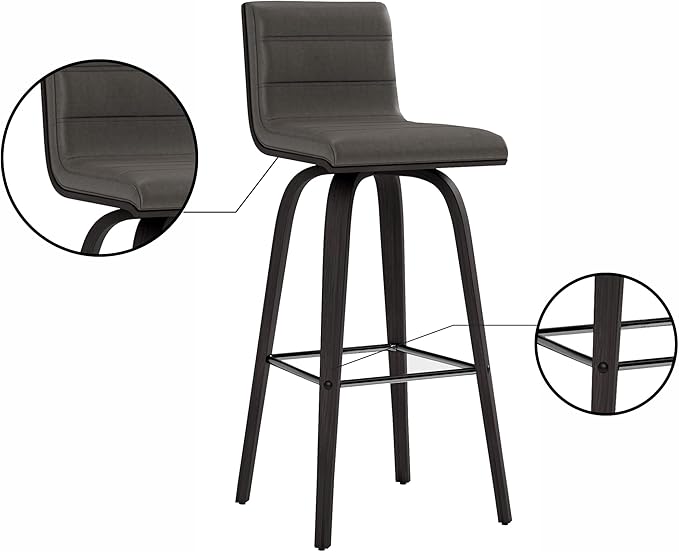 Armen Living Vienna 30" Swivel Bar Stool in Black Wood Finish with Gray Faux Leather - Set of 3