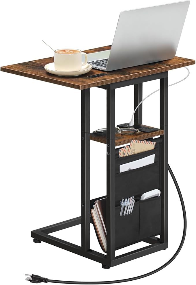 HOOBRO Foldable End Table with Charging Station, C Shaped Side Table with Storage Bag, Slide Under Sofa Couch Table for Small Spaces in Living Room, Bedroom, Easy Assembly, Rustic Brown BF101USF01