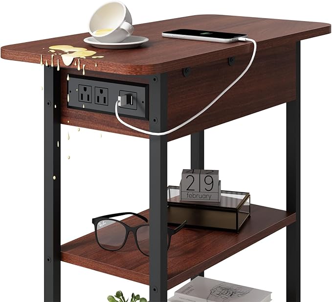 LIDYUK End Table with Charging Station, Flip Top Narrow Side Table for Small Spaces, Nightstands Set of 2 for Bedroom, End Tables Living Room Set of 2 with Storage Shelf, Cherry