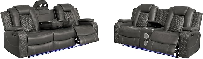 Ball & Cast Power Recliner Sofa Set Leather Reclining Sofa Set Living Room Furniture Set 3PCS Recliner Couch Loveseat & Chair Sets with Wireless Charging,Bluetooth Speaker,Cup Holders for Home Theater