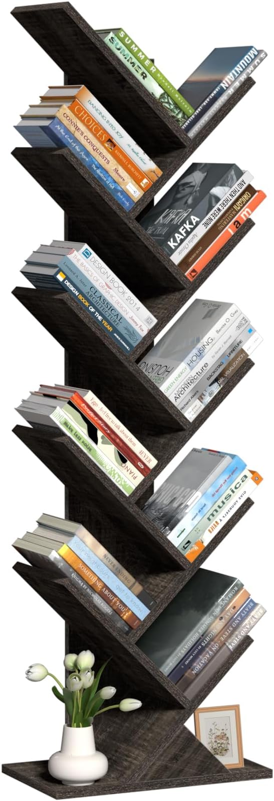 10 Tier Tree Book Shelf, Floor Standing Wood Bookshelf for Narrow Space, Storage Organizer Bookshelves for Books/CDs/Magazine, Bookcase with Shelves for Home Office, Living Room - Dark Grey