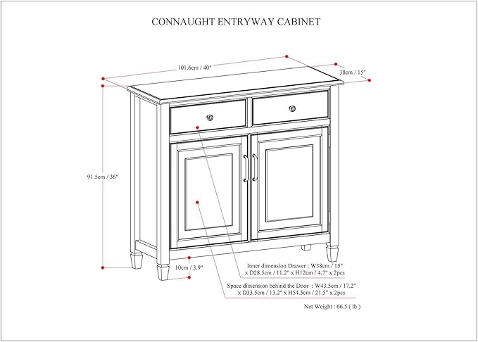 SIMPLIHOME Connaught 40-inch Wide Solid Wood Storage Cabinet in Distressed Grey for Entryway, Living Room, Organizer for Hats, Gloves, Shoes, Keys, Slim Design, Traditional Style