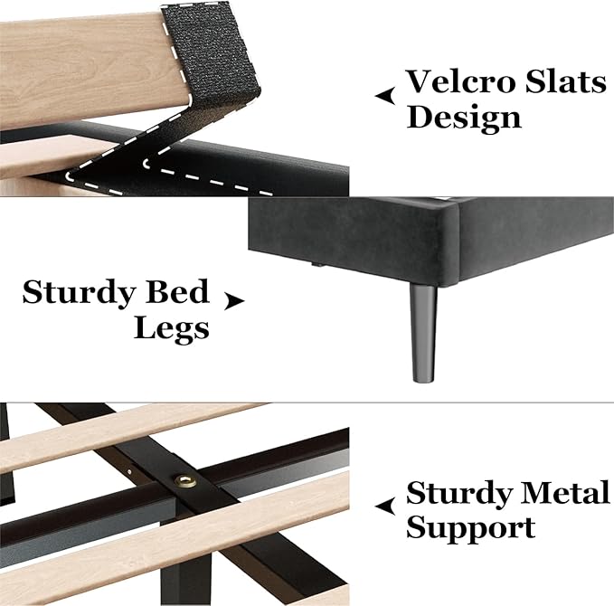 Full Size Bed Frame with Velvet Upholstered Headboard, Platform Bed with Strong Wood Slats, Mattress Foundation, Box Spring Optional, Easy Assembly, Black
