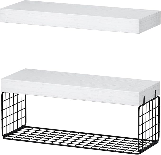 QEEIG Bathroom Shelves Over Toilet - Wall Mounted Floating Shelves Toilet Paper Storage Small Farmhouse Decor Shelf 16 inch Set of 2, White and Black (019-WB2)