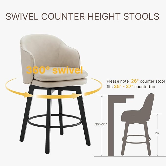 Counter Height Barstools 26 inch Upholstered Swivel Bar Stools with Back and Wood Legs for Kitchen Island,Set of 4,Beige PU Leather