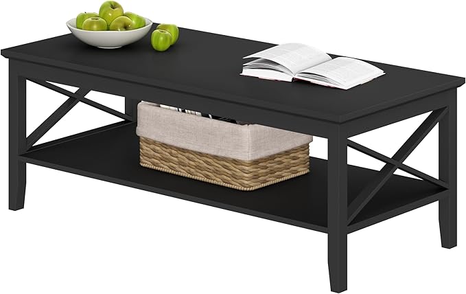 ChooChoo Coffee Table with Thicker Legs, Black Wood Coffee Table with Storage for Living Room, 47 inch