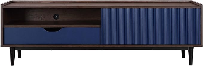 Manhattan Comfort Duane Modern Ribbed 55 Inch TV Stand with 1 Drawer, 2 Shelves, Sliding Door, and Wire Management, Mid-Century Style Entertainment Center and Media Console for Living Room, Navy Blue