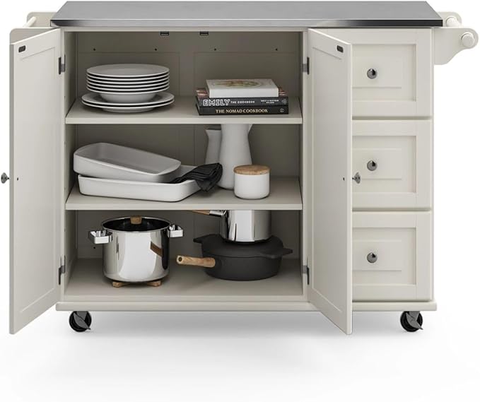 Homestyles Dolly Madison Rolling Mobile Kitchen Island with Storage and Towel Rack, 54 Inch Width, Off White