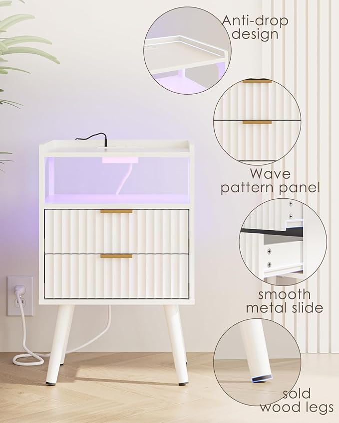 Nightstand with Charging Station and LED Lights,Modern Bedside Table with 2Drawer and Open Shelf,White Night Stand with Solid Wood Legs,End Table for Living Room、Bedroom and Small Spaces