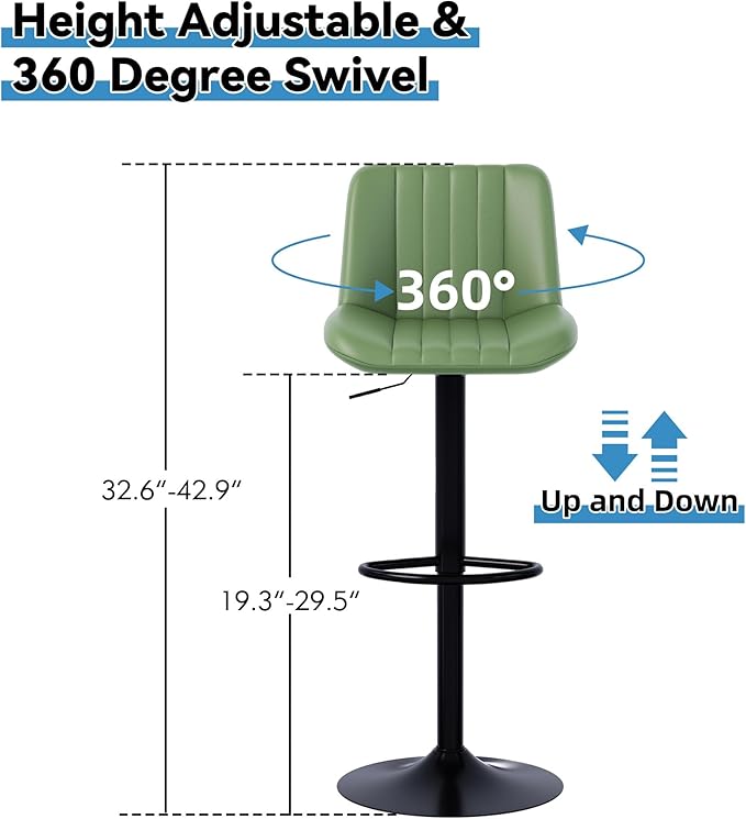 Shintenchi Swivel Bar Stools Set of 2, Adjustable Faux Leather Upholstered Swivel Counter Stools, Armless Bar Height Island Chairs with Back and Footrest, Green