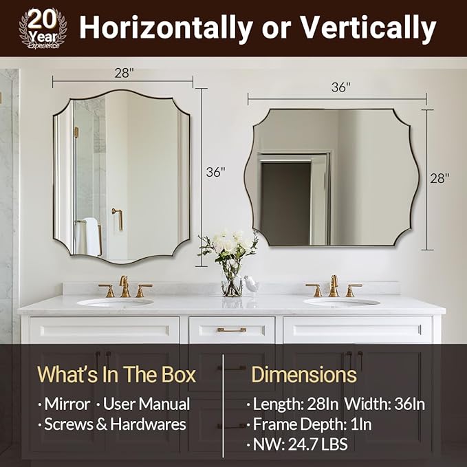 ANDY STAR Bathroom Mirror, 28x36 Inch Brushed Gold Vanity Mirror, Stainless Steel Metal Frame with Sophisticated Curved Design, Anti-Rust, Ideal for Bathroom, Living Room, Bedroom