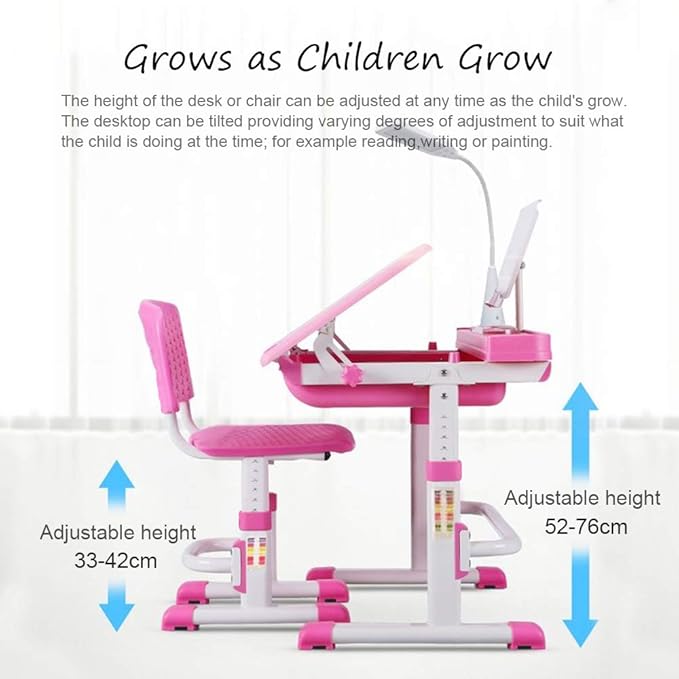 Kids Desk and Chair Set, Height Adjustable Children School Study Desk with Tilt Desktop, Bookstand, LED Lamp, Metal Hook and Storage Drawer for Boys Girls, Pink