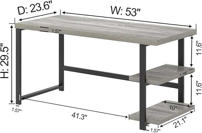 FOLUBAN Computer Desk, Modern Home Office Desk with Shelves, Wood Writing Study Gaming Table for Living Room Bedroom, Light Grey, 53 inch