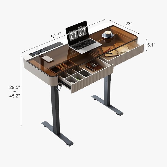 Lartis Office Desk, Electric Computer Lift Table Standing Desk with Drawer Charging USB Port, Home Office Laptop Table with Drawer