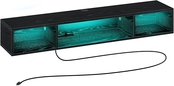 Rolanstar TV Stand with Power Outlet, Floating TV Stand with RGB Lights, 55.1" Wall Mounted TV Shelf, Black Media Console with Storage Shelf, Entertainment Under TV for Living Room, Bedroom