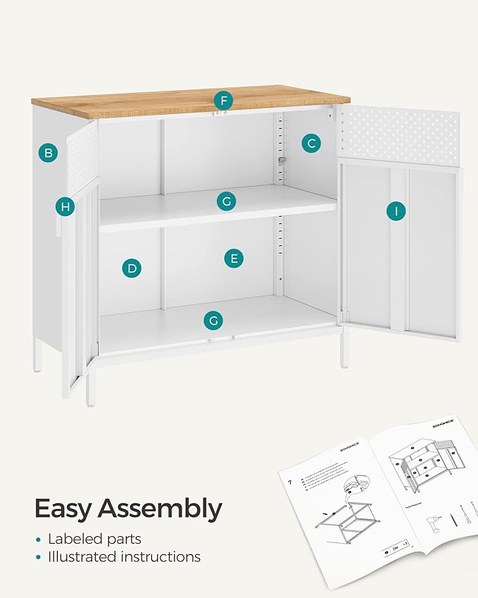 SONGMICS Storage Cabinet, Metal Cabinet, Sideboard with 2 Doors, 15.7 x 31.5 x 29.9 Inches, Magnetic Closure, Adjustable Shelf, Steel Frame, Natural Beige and White ULSC102W57