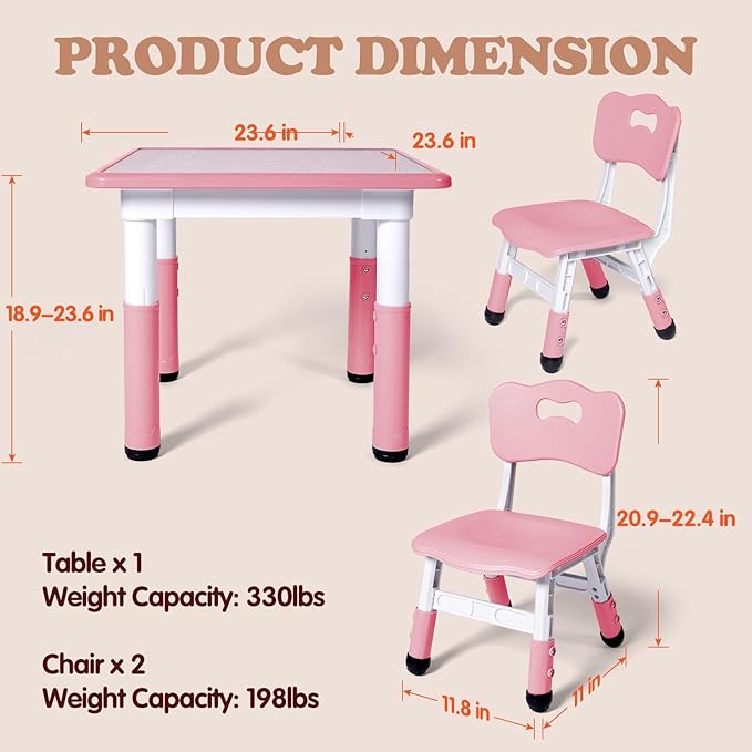 Kids Table and 2 Chairs Set, Height Adjustable Toddler Study Table and Chair Set, Kid Size for Ages 3-8 Children, Graffiti Desktop, Easy to Wipe/Arts & Crafts, Homes/Classrooms/Daycare (Pink)
