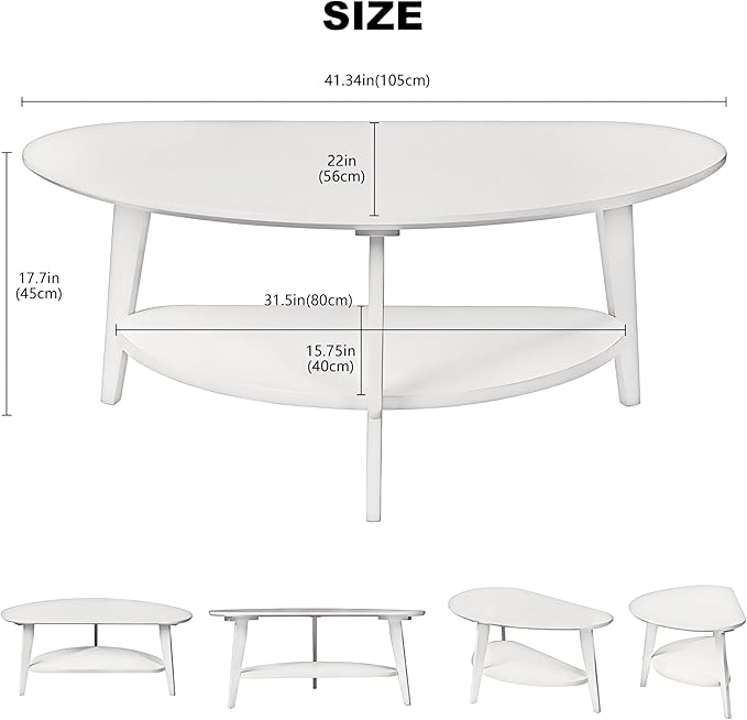 Mid-Century Modern Coffee Table for Living Room, 100% Solid Wood Oval Coffee Table, 2 Tier Wooden Coffee Tables for Home Office Livingroom, 40.2 x 22 Inches Easy Assemble (White)