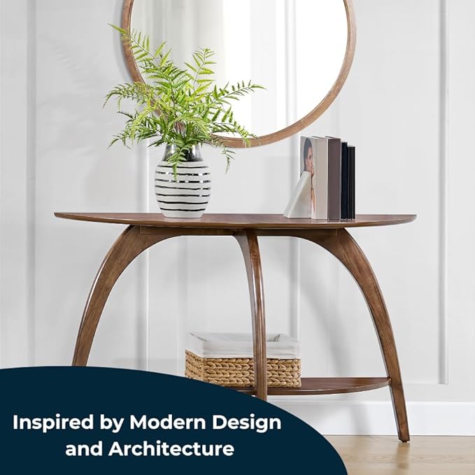 Martin Svensson Home LAX Walnut Brown 48-Inch Half-Moon Wood Sofa Console Table with Shelf Storage