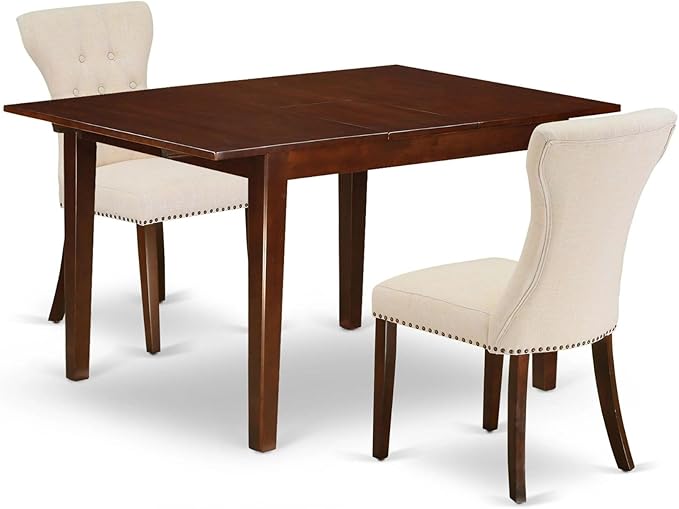 East West Furniture MLGA3-MAH-32 3 Piece Dining Room Table Set Contains a Rectangle Kitchen Table with Butterfly Leaf and 2 Light Beige Linen Fabric Parson Chairs, 36x54 Inch, Mahogany
