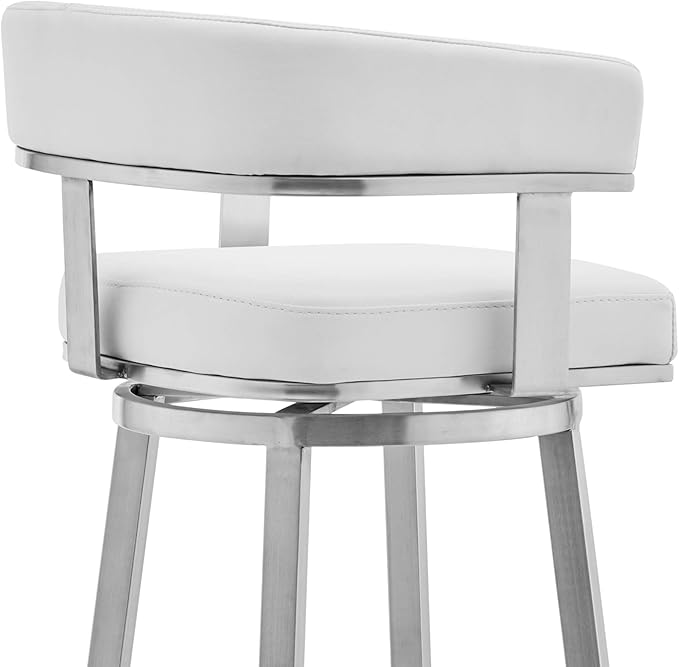 Armen Living Lorin Modern 30" Seat Height White Faux Leather and Brushed Stainless Steel Metal Swivel Bar Stool for Kitchen Island Counter