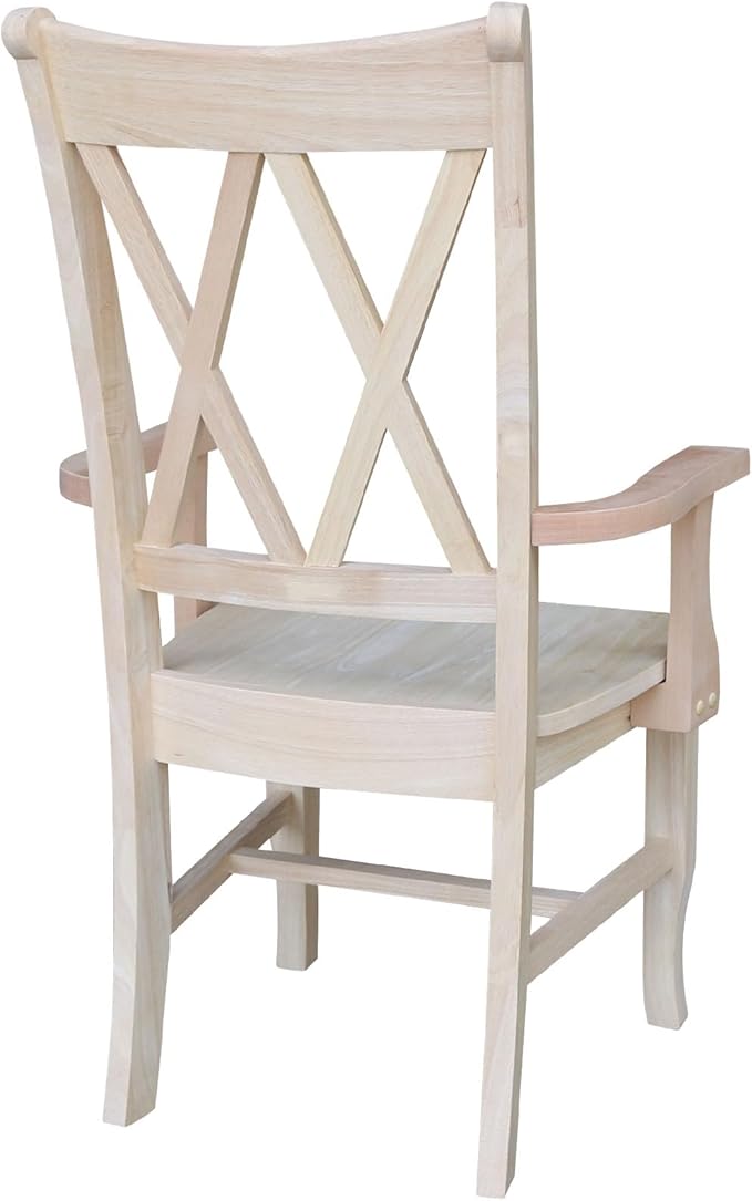 Solid Wood Double X-Back Dining Chair with Arms in Unfinished Parawood, Classic Kitchen/Dining Furniture, Stainable & Paintable, 23.6" W x 22" D x 41.3" H, Wide Arm Width, Traditional & Durable