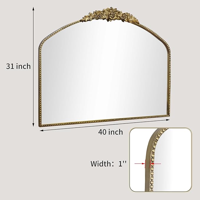 Vintage Gold Arched Mirror 40"X30",Antique Baroque Mantel Mirror with Ornate Metal Frame for Entryway/Fireplace/Living Room/Hallway/Bathroom/Bedroom