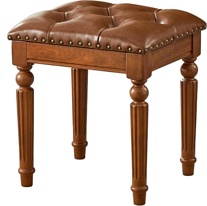 Vanity Bench Stool with Microfiber Leather Cushion, Vanity Chair Ottoman Dressing Stool with Solid Wood Legs for Bedroom, Makeup Room, Dressing Room (Brown)