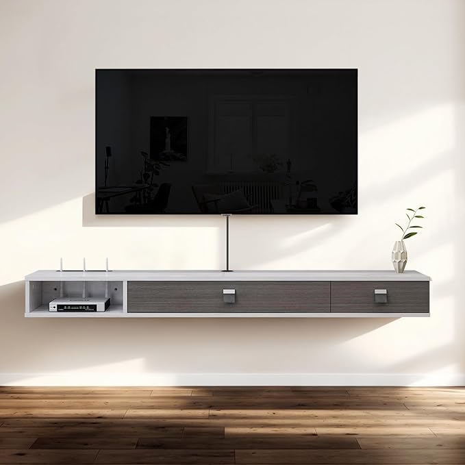 Pmnianhua Floating TV Shelf, 55'' Wall Mounted Floating TV Stand Unit Media Console Wall TV Console Cabinet Media Entertainment Shelf with 2 Doors for TVs up to 60 inch (Greyish-White)