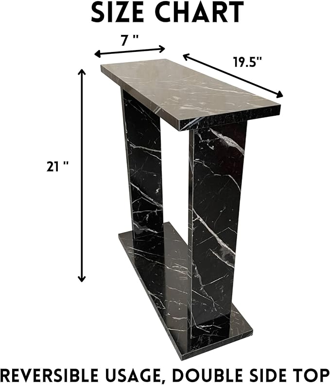 Very Narrow Side Table for Living Room, Small Apartment Space Between Chairs Skinny Table for Recliner, Couch, Armchair, Thin Slim End Table for Living Room, Bedroom, Beverages (Black Marble)