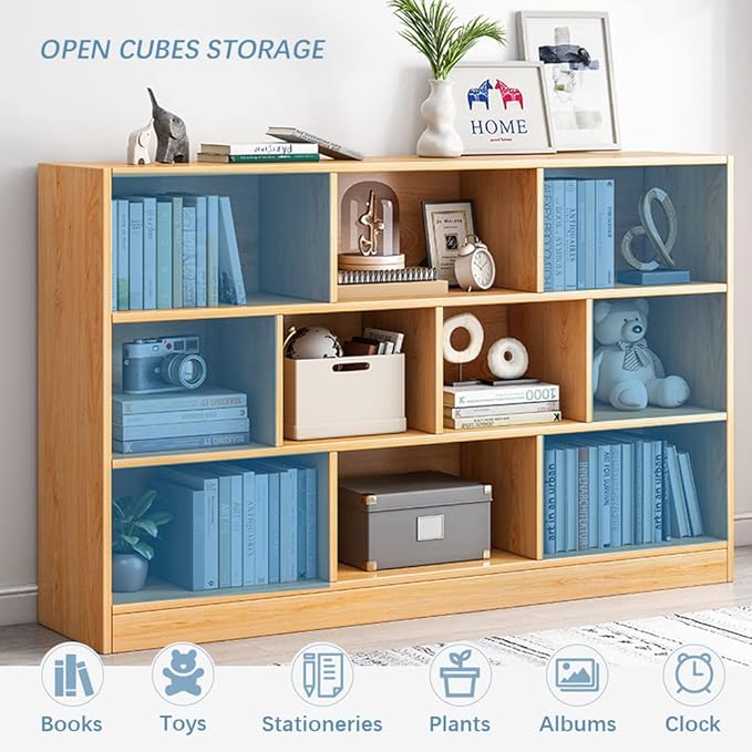 IOTXY Open Shelf Low Bookcase - Wooden 3-Tier Floor Standing Display Cabinet Organizer with Base, 10 Cubes Short Horizontal Bookshelf in Pear Yellow