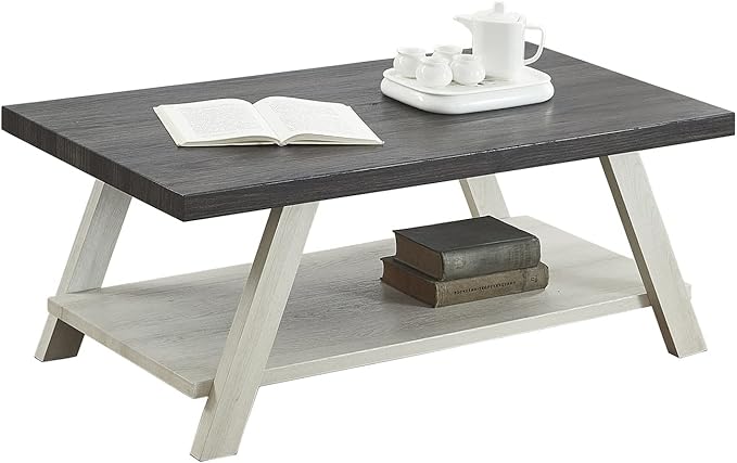 Roundhill Furniture Athens Contemporary Wood Shelf Coffee Table, Weathered Charcoal and Beige