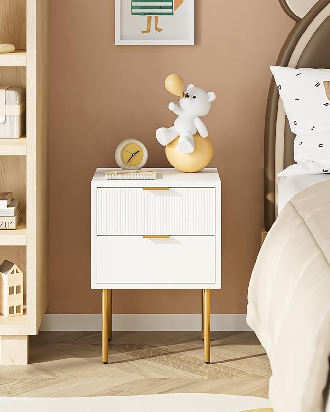 Nightstand,Small Bedside Table with Gold Frame,Morden Night Stand with 2 Drawer,End Table,Side Table with Drawer and Shelf for Bedroom,Living Room (White-2Drawer)