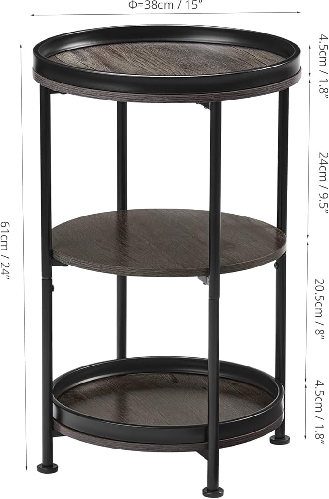 Dulcii Side Table, Round End Table with 3 Shelves for Living Room, Bedroom, Nightstand with Steel Frame for Small Spaces, Industrial Round Sofa Table, Outdoor Accent Coffee Table, Grey