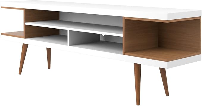 Manhattan Comfort Utopia Collection Mid Century Modern TV Stand With Open 3 Open Shelves and Two Open Cubbies, White/Wood (19752)