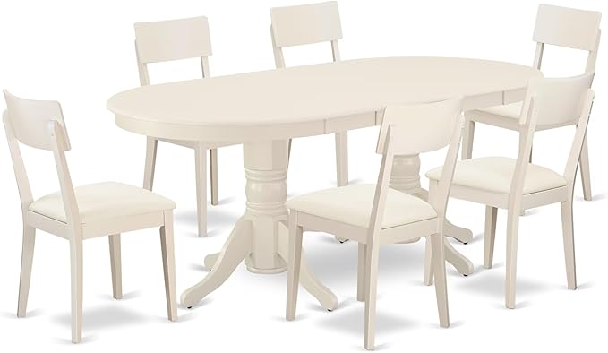 East West Furniture VAAD7-LWH-LC 7 Piece Dinette Set Consist of an Oval Dining Room Table with Butterfly Leaf and 6 Faux Leather Upholstered Dining Chairs, 40x76 Inch, Linen White