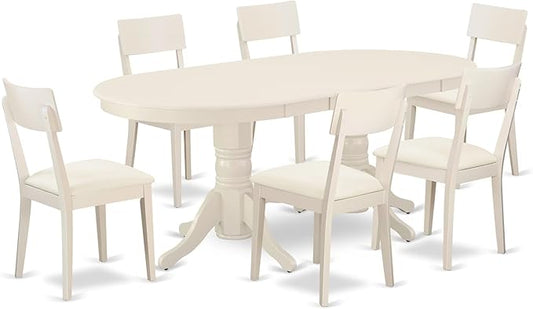 East West Furniture VAAD7-LWH-LC 7 Piece Dinette Set Consist of an Oval Dining Room Table with Butterfly Leaf and 6 Faux Leather Upholstered Dining Chairs, 40x76 Inch, Linen White