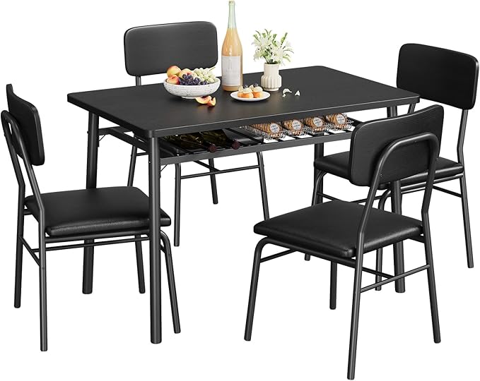 GAOMON 5-Piece Dining Table Set for 4, Wood Kitchen with Built-in Storage Rack,Small Kitchen Table with Upholstered Chairs and Metal Frame for Small Spaces, Black