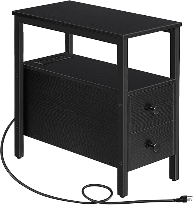 HOOBRO End Table with Charging Station, Narrow Side Table with 2 Drawer & USB Ports & Power Outlets, Nightstand for Small Spaces, Stable and Sturdy, for Living Room, Bedroom, Black BK541BZ01