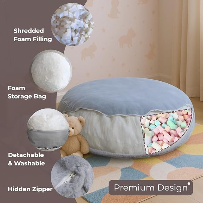 Wonder Space Bean Bag Chair – Soft Foam Filling | Removeable & Washable Cover | Ultra-Soft Plush Fabric - Minimalist Floor Cushion for Kids & Adults, Gaming, Reading and Relaxing, Grey