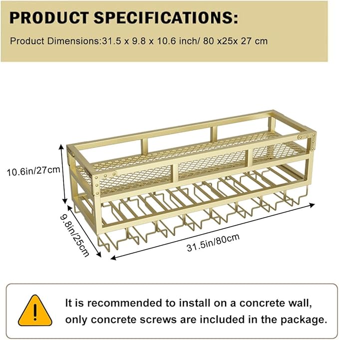 LED Wine Rack Wall Mounted, Industrial Metal Wall Wine Shelf & Glass Holder, Large Floating Shelves Wine Bottle Storage Display Rack for Home Bar Dining Room Decor(Gold, 31.5 x 9.8 x 10.6 inch)